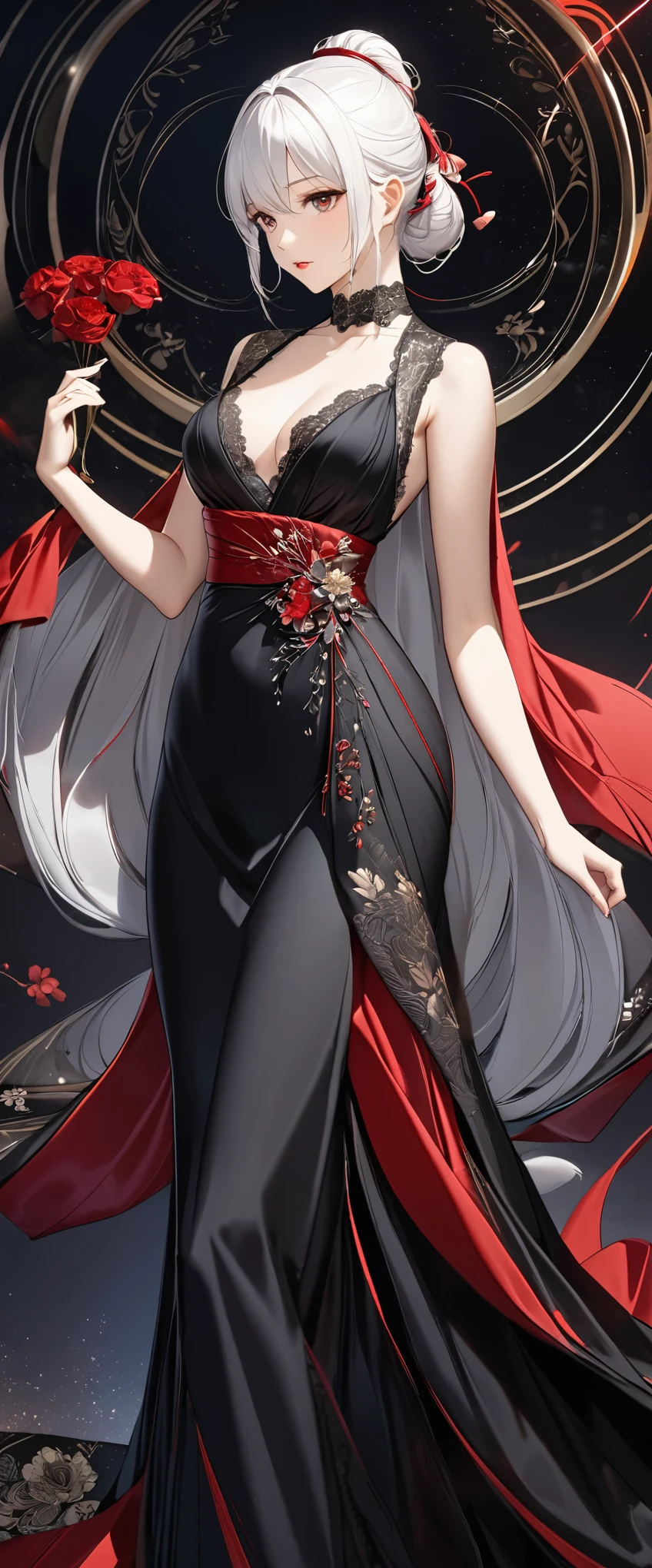 best quality, incredibly absurdres, extremely detailed, 2.5D, delicate and dynamic, beautiful woman, white hair tied up, gorgeous and glamorous black evening dress, red lines, shiny satin fabric, lace, embroidery, robes, shawls, accessories, captivating look, superlative body proportion, gorgeous and gorgeous effects, background aristocratic social setting