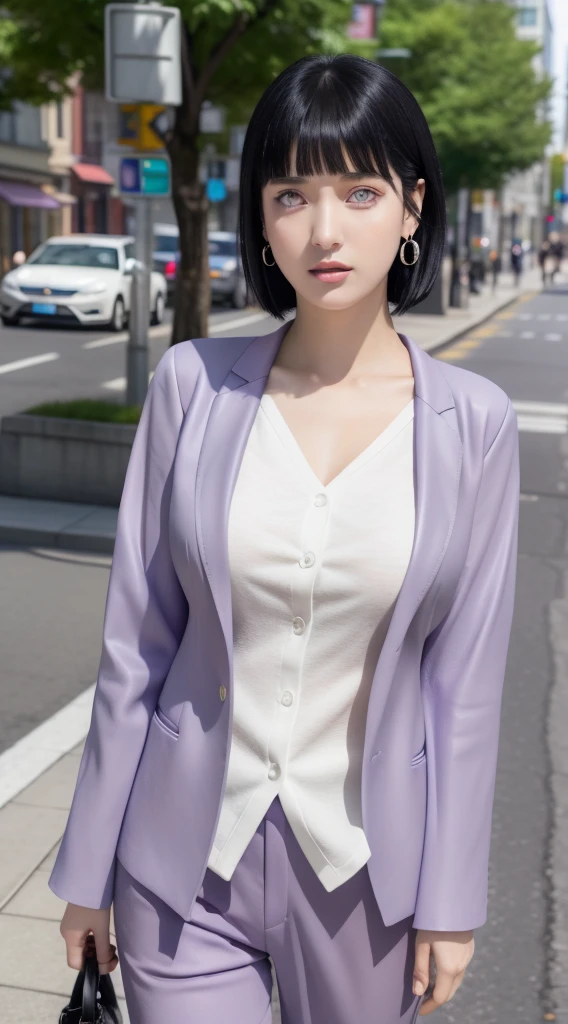 hinata from anime naruto, black hair, short hair, bangs, light purple eyes, wearing mascara, perfect body, perfect breasts, beautiful woman, very beautiful, wearing a light purple formal shirt, dapper dress, formal attire, wearing a white blazer, mauve pants, wearing handbag, wearing watch, wearing earrings, being in the city, roadside, public space, Realism, masterpiece, textured leather, super detailed, high detailed, high quality, best quality, 1080P, HD, 16k