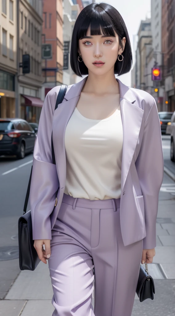 hinata from anime naruto, black hair, short hair, bangs, light purple eyes, wearing mascara, perfect body, perfect breasts, beautiful woman, very beautiful, wearing a light purple formal shirt, dapper dress, formal attire, wearing a white blazer, mauve pants, wearing handbag, wearing watch, wearing earrings, being in the city, roadside, public space, Realism, masterpiece, textured leather, super detailed, high detailed, high quality, best quality, 1080P, HD, 16k