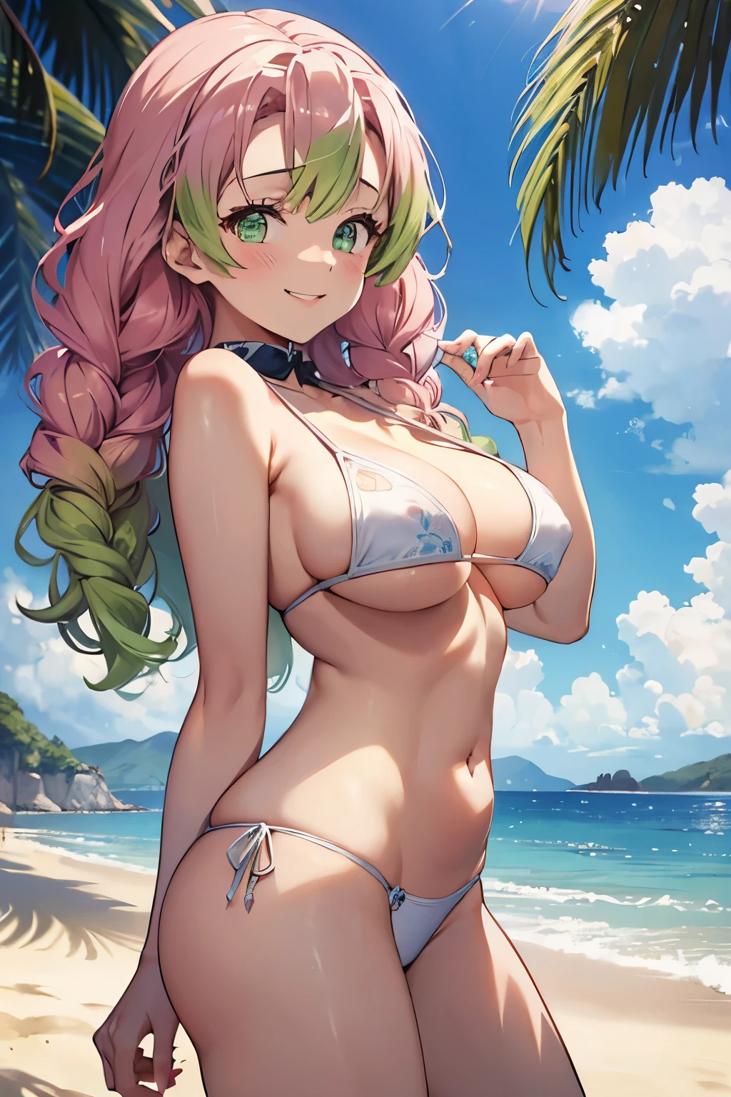 (8K、masterpiece、Highly detailed background、high resolution)、(mitsuri kanroji)、Cleavage、(beach、White Bikini、Gravure pose、Embarrassed smile、Nipple protrusion)