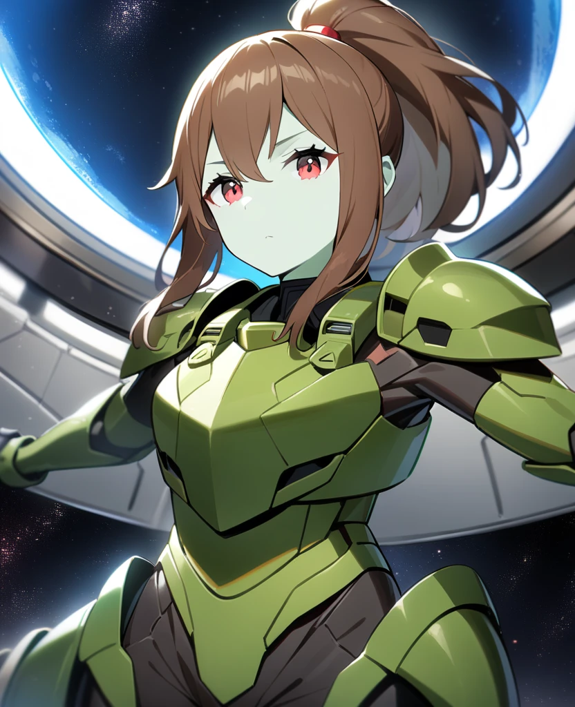 1girl, Makoto Kino,solo,red eyes,((BROWN hair:1.5)),green power armor,ponytail,((pale green skin)),green chest armor,cowboy shot,in space ship,zero gravity,Science fiction,ultra-detailed,sharp focus,aesthetic,(best quality)