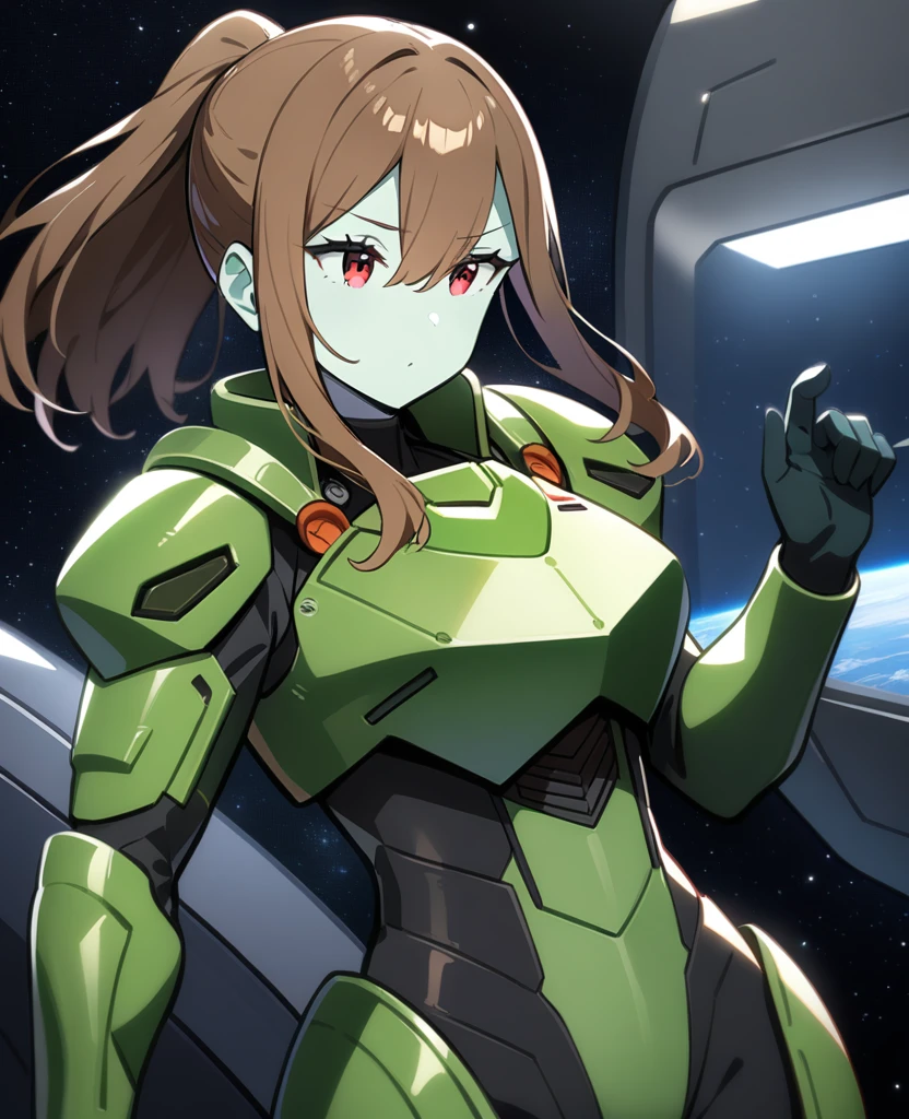 1girl, Makoto Kino,solo,red eyes,((BROWN hair:1.5)),green power armor,ponytail,((pale green skin)),green chest armor,cowboy shot,in space ship,zero gravity,Science fiction,ultra-detailed,sharp focus,aesthetic,(best quality)