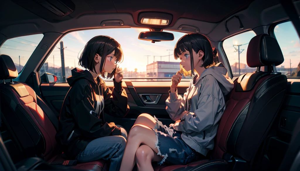 masterpiece, best quality, high quality, detailed, ultra detailed, hyper detailed, insanely detailed, exquisite, beautiful, FHD, Full-HD, 4K, 8K, 16K, highres, absurdres, background, a girl, intelligent, serious look, sitting, bob, short hair, black hair, black eyes, pale skin, , shorts, hoodie, in the car, with a window, in the evening, beautiful, cowboy shot, golden hour, side view