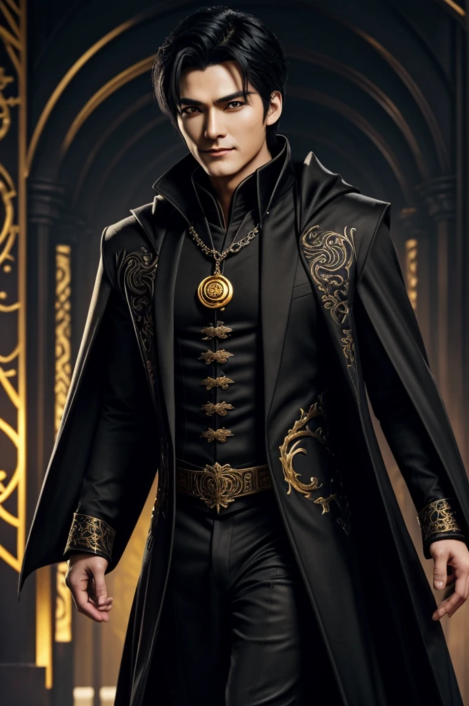 close up of a person in a black coat and black hair, full body xianxia, beautiful male god of death, vampire fashion, wearing a black noble suit, detailed anime character art, male vampire of clan banu haqim, full body black and black longcoat, with his short black hair, androgynous vampire, detailed 20 year old male face, ultra realistic anime, golden eyes no emotions, INTJ, intelligent, gold, golden, evil smile, smile, evil and him  face look like jone jongkook BTS 
