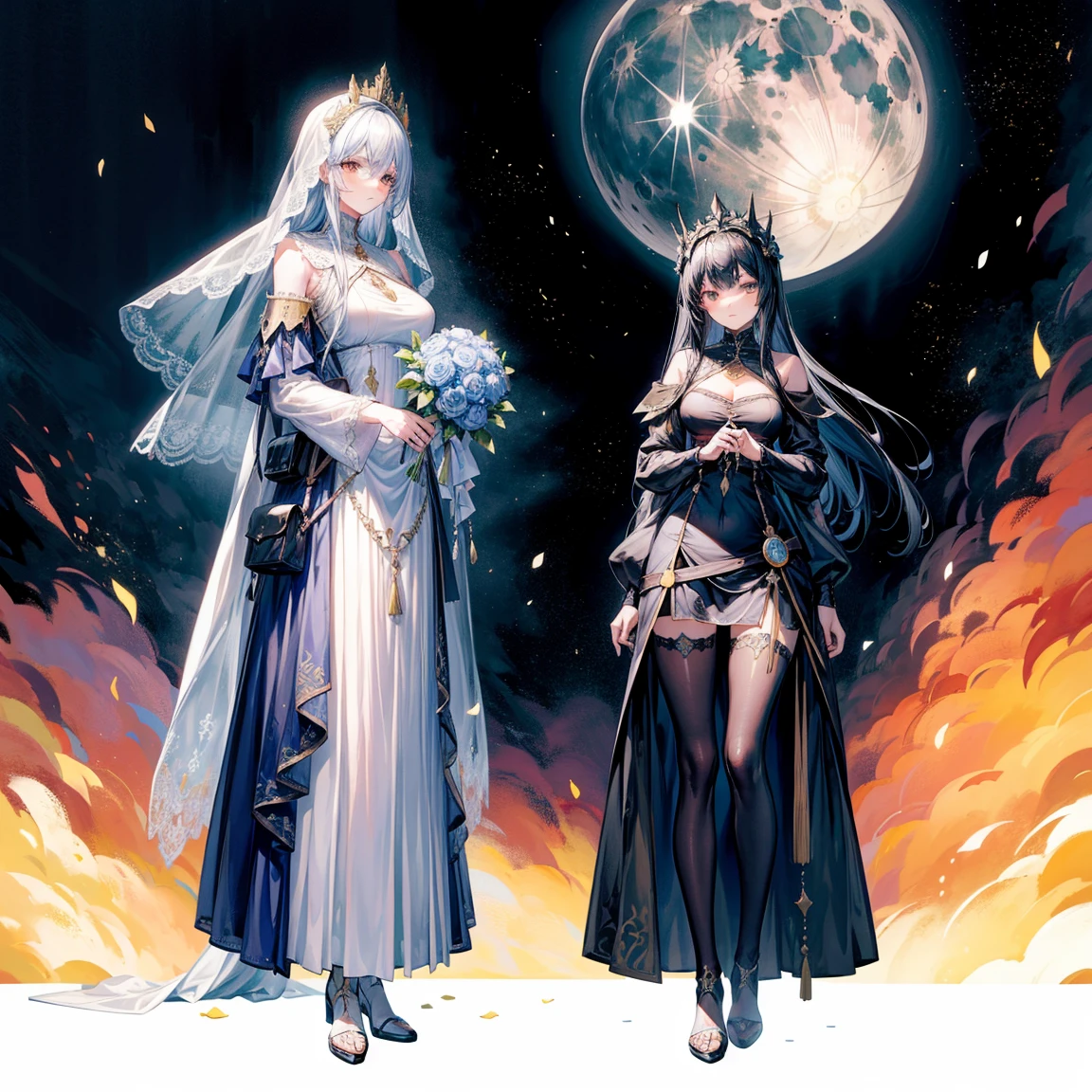 character sheets, Three types,full body shot,Game Character Design,чем маленькая летающая moon,Girl in sunglasses and beans,Victorizo ∨TSE∨,orange background,Stylistic expression, full clothed、Unbelievable absurdity、 long skirt, backpacks,Medieval heavy dress, moon. veil, bouquet, Separating elements), watercolor,illustration,realistic,harmonious colors,natural lighting, vine、