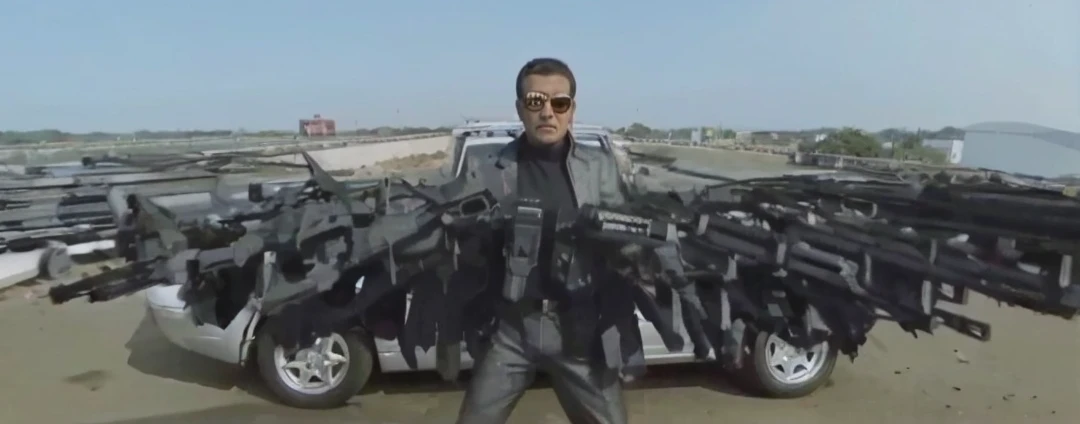 troque a cor do cabelo de preto pra vermelho e a parte branca pra preto, change the clothes for a special operations tactical style outfit and also change the background image for an image where many cars are destroyed and on fire and other cars are emitting smoke, make the weapons that the character is holding shoot like red laser .