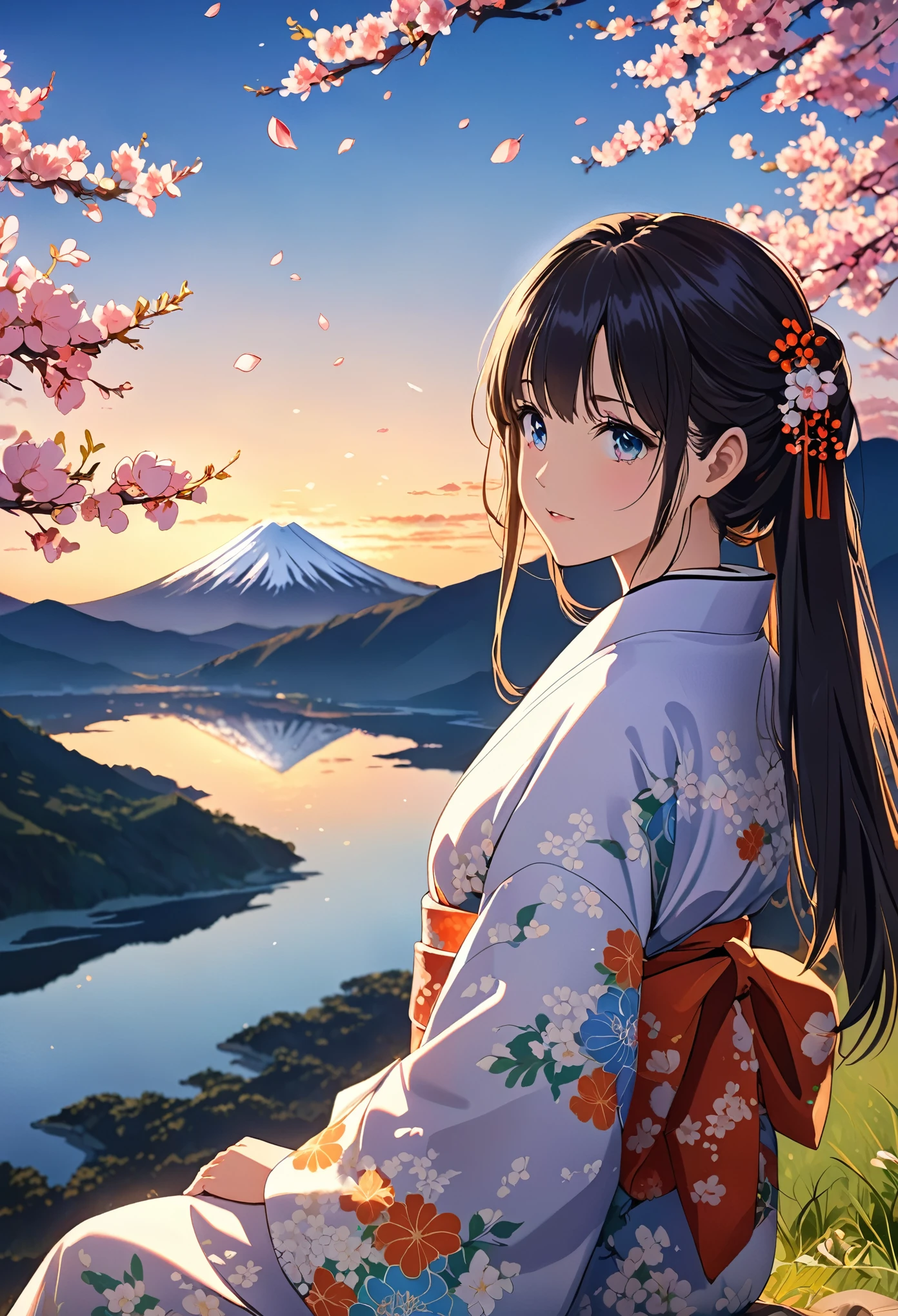 Highest quality, masterpiece, extremely detaileded, detaileded background, detaileded eyes, anime, One girl, Beautiful Eyes, Young girl, Long Hair Girl, Expressive Face, kimono, Retro, 富士山のWind景, Outdoor, sunset, Beautiful sky, Picnic on the lake, Wind景, scenery, horizon, Mountain Sitting near the mountain, Wind, petal, spring, avert your eyes, Atmospheric lighting, reflection, Naturalistic, detailed, realism. relaxation, beauty, Focus Only, close, From the side, Depth of written boundary, Bokeh