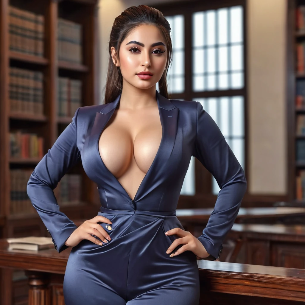 Stunning Armenian woman,Highly detailed CG Unity 8k wallpaper, top quality, super detailed, masterpiece, realistic, photorealistic, highly detailed cute girl, 25 years old, library detailed,sweaty skin,  blush,  parted lips, round eyes, medium breasts, bun_head  , formal office suit, ((erect, emerge, streak)), waist shot, full body, ((wide hips, thick thigh, accentuated ass, protruding ass)), (ass countour can be seen ), perfect hourglass figure detailed, emphasized ass, naughty face detailed, seductive, ((flowing satin gamis malay)),  small breast, small bust