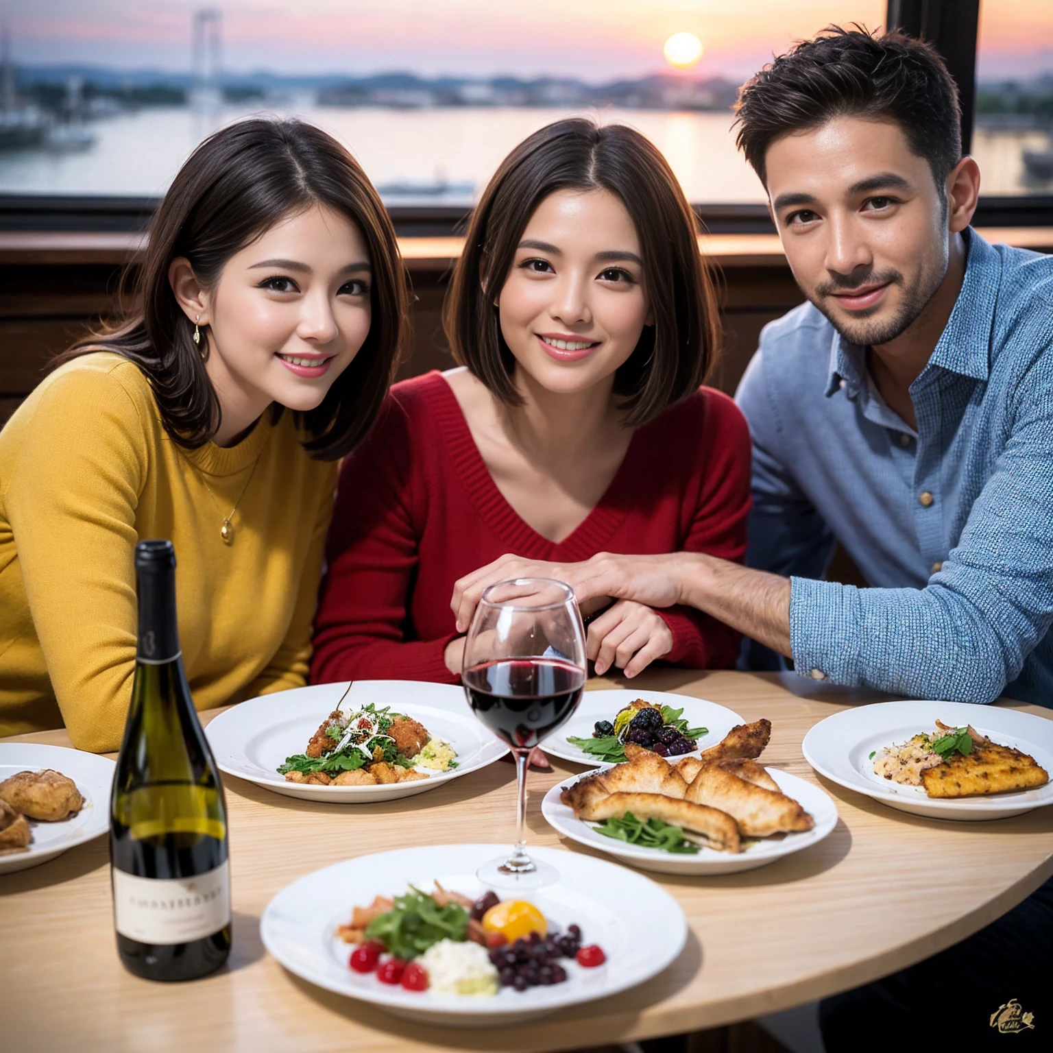 ((Highest quality、8k、masterpiece:1.3))、 (Genuineistic, Genuine、Bright image、Intricate details:1.2), 最高のsmile、1 male,1 female、Beautiful couple、spouse、fiancee、Good friends、actress couple、smile、Full-course dinner at a packed table、 (Slim face), (the body is slim), (Brown Hair), (short hair), テーブルのwine glass、Please shine a light on my face、 Amazing view of the sunset sky and clouds、 (42 years old)38 years old, red wine 、Appetizers、Wine bottle、sparkling wine、Long sleeve shirt、dress、White wine, red wine, wine glass,