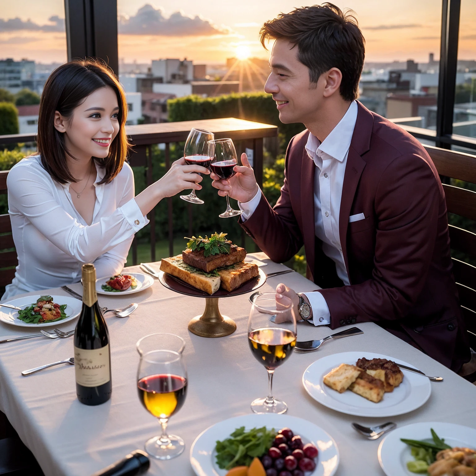 ((Highest quality、8k、masterpiece:1.3))、 (Genuineistic, Genuine、Bright image、Intricate details:1.2), 最高のsmile、1 male,1 female、Beautiful couple、spouse、fiancee、Good friends、actress couple、smile、Full-course dinner at a packed table、 (Slim face), (the body is slim), (Brown Hair), (short hair), テーブルのwine glass、Please shine a light on my face、 Amazing view of the sunset sky and clouds、 (42 years old)38 years old, red wine 、Appetizers、Wine bottle、sparkling wine、Long sleeve shirt、dress、White wine, red wine, wine glass, 