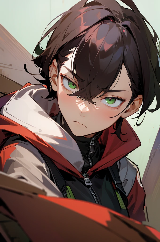 (masterpiece), best quality, face portrait, femboy, man, teenager, dark-red hoodie with a hood on, ash-black hair with bangs that cover the right eye with a brown lock of hair in the middle of the bangs, green eyes, calm gaze and a sly expression