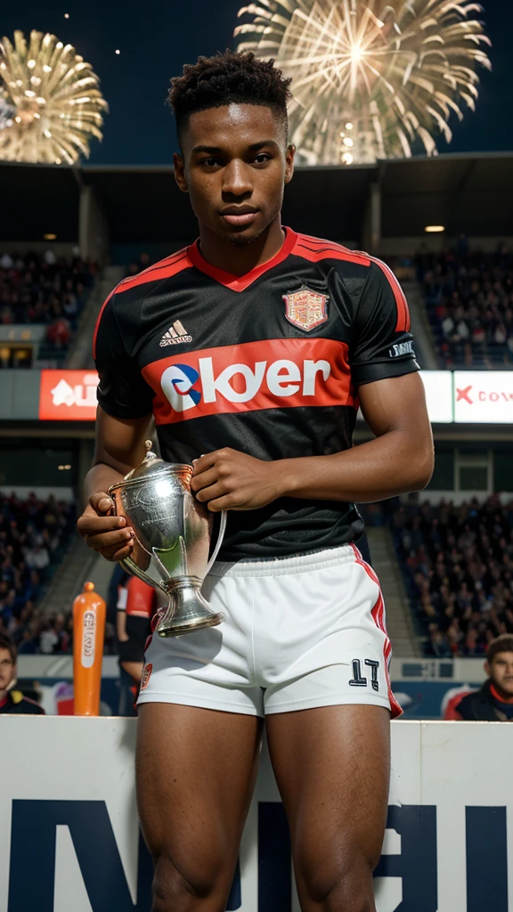 Create a photorealistic image celebrating the 'Top Scorer of the Championship'. The image should feature a very young football player around , with dark skin, wearing a complete uniform, celebrating with a top scorer trophy, displaying pride and victory. The background should include festive elements such as fireworks, colorful banners, and the Santander LaLiga logo prominently. Include stylized text saying 'Top Scorer of the Championship' in large, eye-catching letters. The image should convey triumph and be visually appealing, with vibrant colors and precise details.