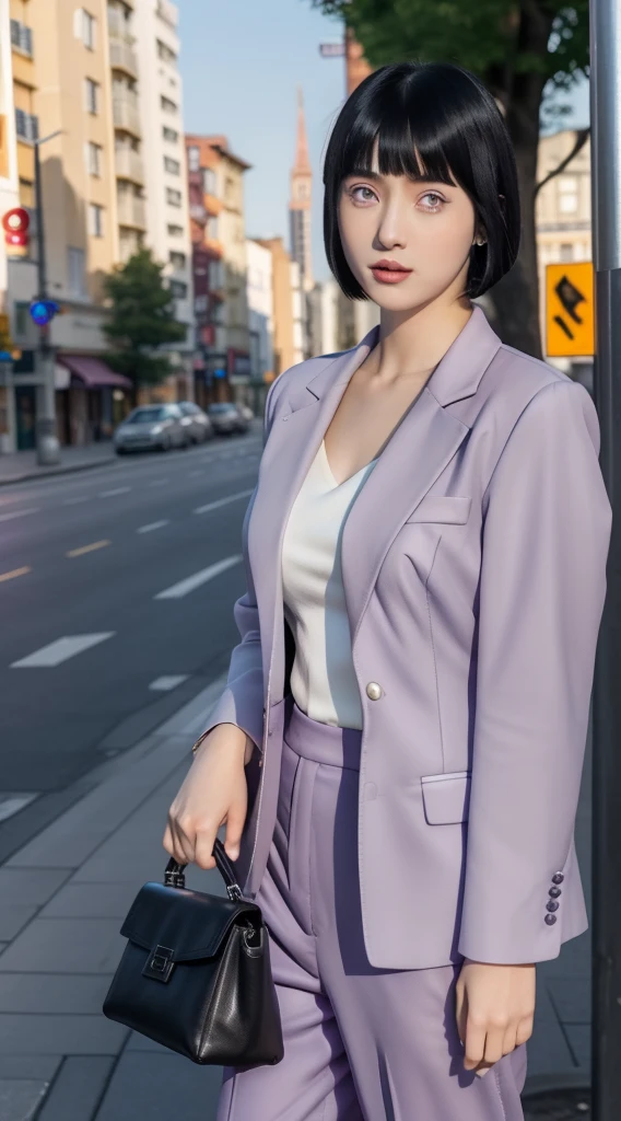 hinata from anime naruto, black hair, short hair, bangs, light purple eyes, wearing mascara, perfect body, perfect breasts, beautiful woman, very beautiful, wearing a light purple formal shirt, dapper dress, formal attire, wearing a white blazer, mauve pants, wearing handbag, wearing watch, wearing earrings, being in the city, roadside, public space, Realism, masterpiece, textured leather, super detailed, high detailed, high quality, best quality, 1080P, HD, 16k