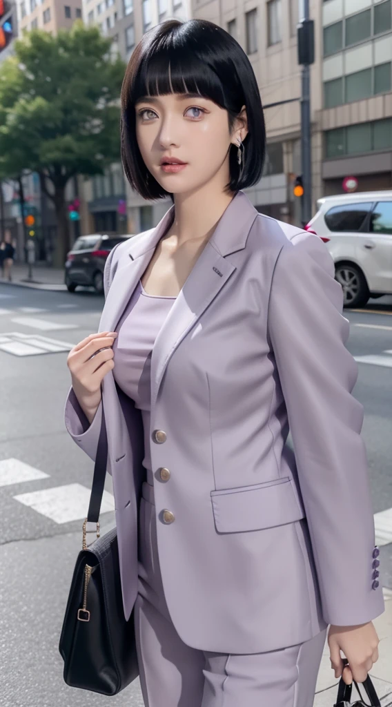 hinata from anime naruto, black hair, short hair, bangs, light purple eyes, wearing mascara, perfect body, perfect breasts, beautiful woman, very beautiful, wearing a light purple formal shirt, dapper dress, formal attire, wearing a white blazer, mauve pants, wearing handbag, wearing watch, wearing earrings, being in the city, roadside, public space, Realism, masterpiece, textured leather, super detailed, high detailed, high quality, best quality, 1080P, HD, 16k