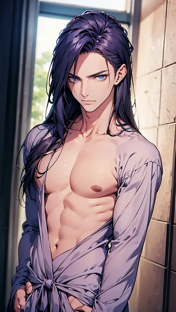 Man, blue eyes, loose loungewear, hair down, upper body, portrait