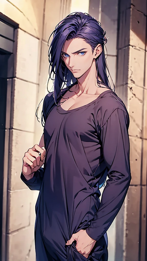 Man, blue eyes, loose loungewear, hair down, upper body, portrait