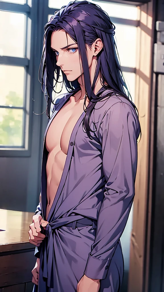 Man, blue eyes, loose loungewear, hair down, upper body, portrait