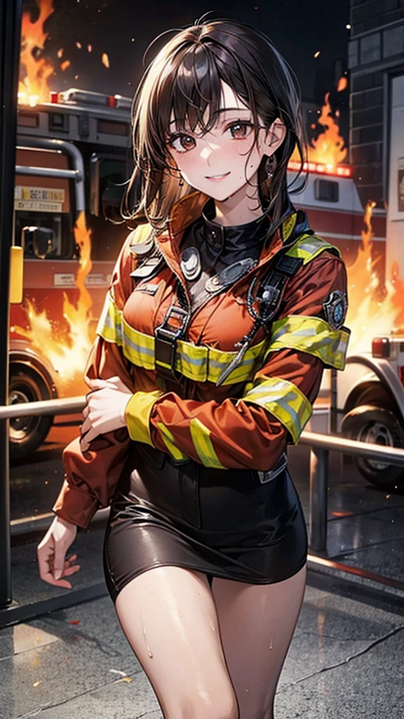 ((Highest quality)), ((High resolution)), ((masterpiece)), ((detailed)), One mature woman, Beautiful Face, Beautiful details, Beautiful Hair, Black Hair, Chestnut brown eyes, Beautiful clavicle, Beautiful body, (Big Breasts:0.8), Beautiful legs, (Wearing firefighter's clothes, Reflective material, Firefighter equipment), stand, Sweat, evening, Beautiful views, The fire engine is parked in the distance., (Cute smile)