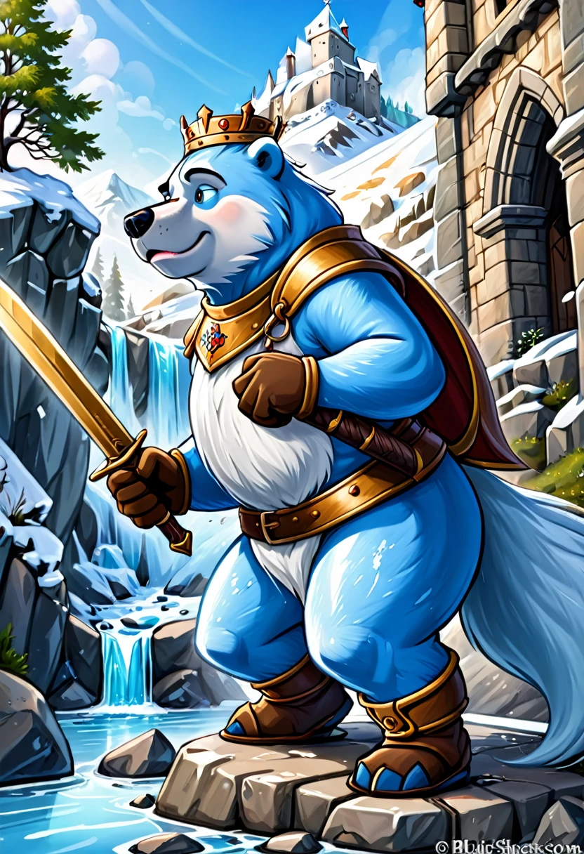 um grande urso polar segurando um grande escudo sentado em uma pedra de gelo rugindo, escudo azul, Digital illustration, ambiente medieval, cartoon, High definition, detalhes