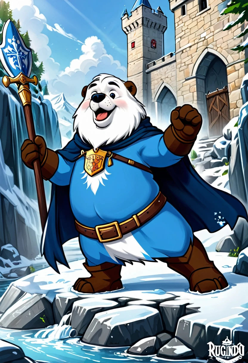 um grande urso polar segurando um grande escudo sentado em uma pedra de gelo rugindo, escudo azul, Digital illustration, ambiente medieval, cartoon, High definition, detalhes