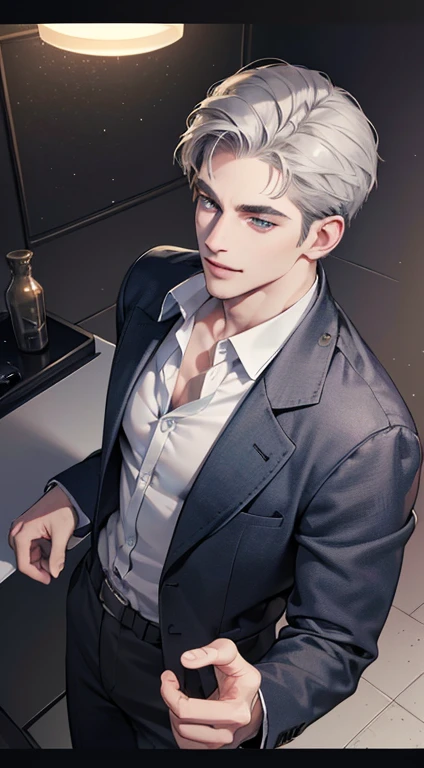 (best quality, masterpiece, 8K, photorealistic, cinematic lighting, 1:4 hdr image, top view, ultra detailed, beautiful image), a mature man, very handsome, smile in love, short grey hair, blue eyes, perfect face without errors , ((buttoning his jacket, CEO))