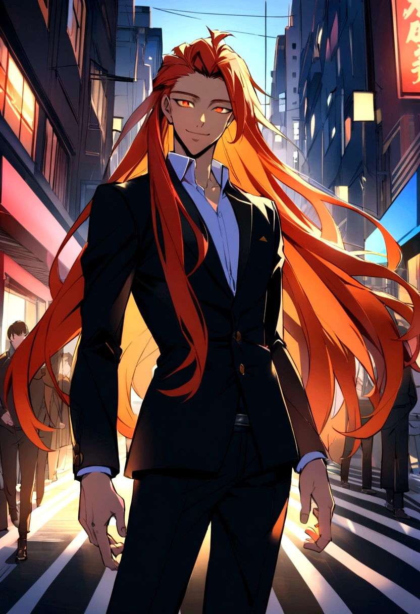 A long-haired boy, Transform into anime style, Have exaggerated and unique facial features and clothing, Stand on the bustling city streets, The backlit background highlights the subject, highly contrasted colors, 4K HD quality,young, Smile, Handsome