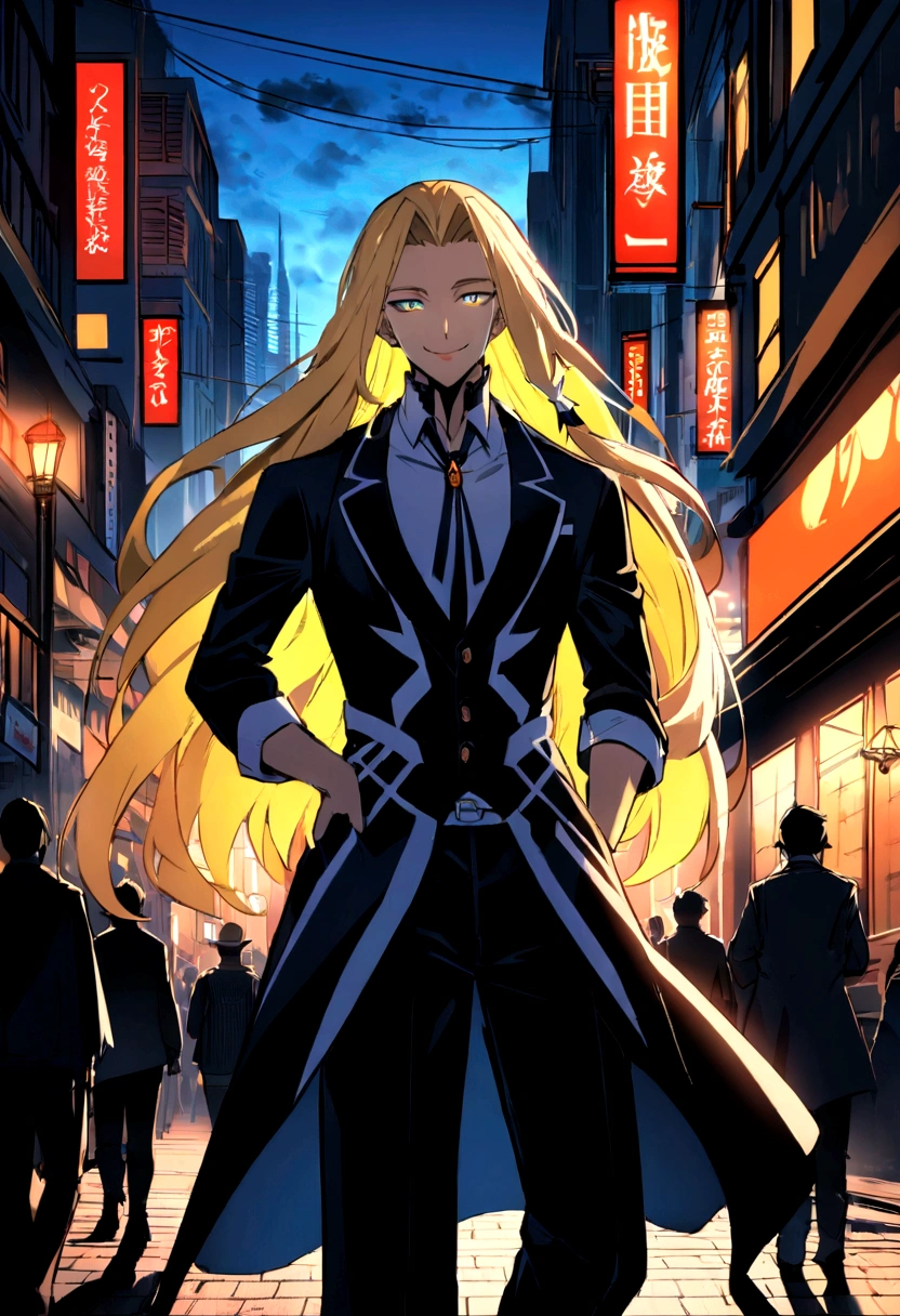 A long-haired boy, Transform into anime style, Have exaggerated and unique facial features and clothing, Stand on the bustling city streets, The backlit background highlights the subject, highly contrasted colors, 4K HD quality,young, Smile, Handsome
