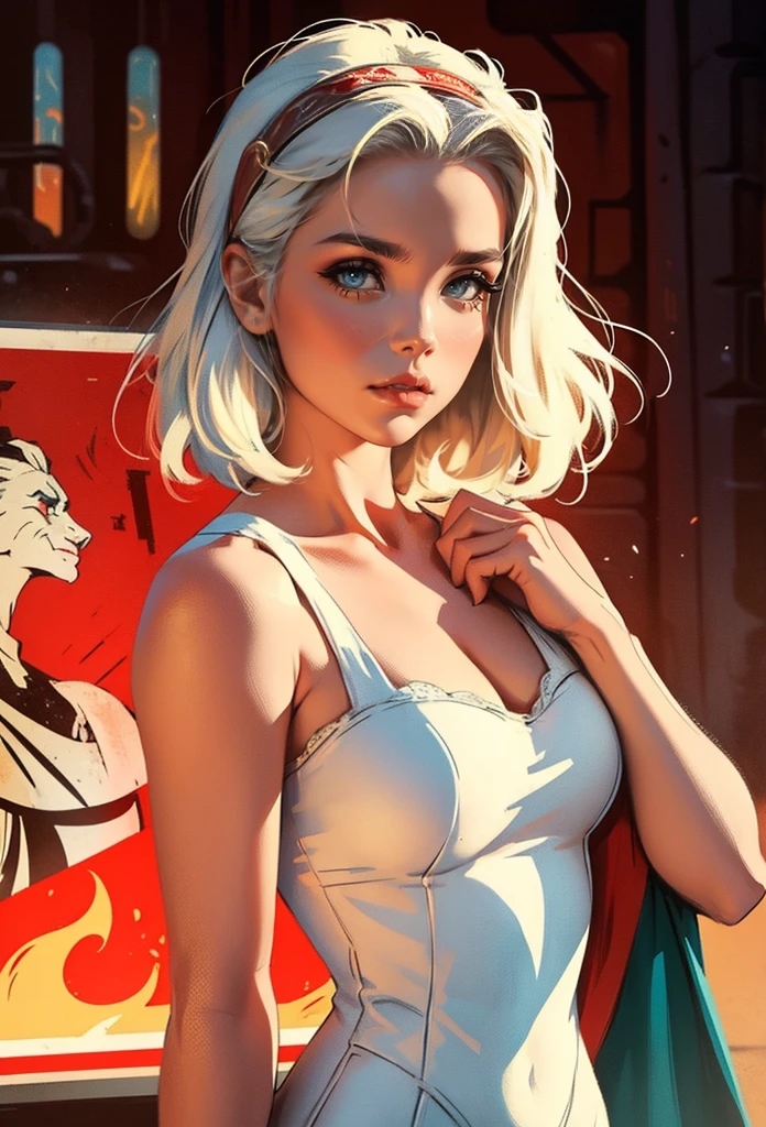 old retro poster, USSR, Soviet Union, neon, photo shoot, Daenerys Targaryen, with short white wavy hair, expressive breasts, in a white sundress with a pattern of colors on the fabric, fashionista, 80s, realistic