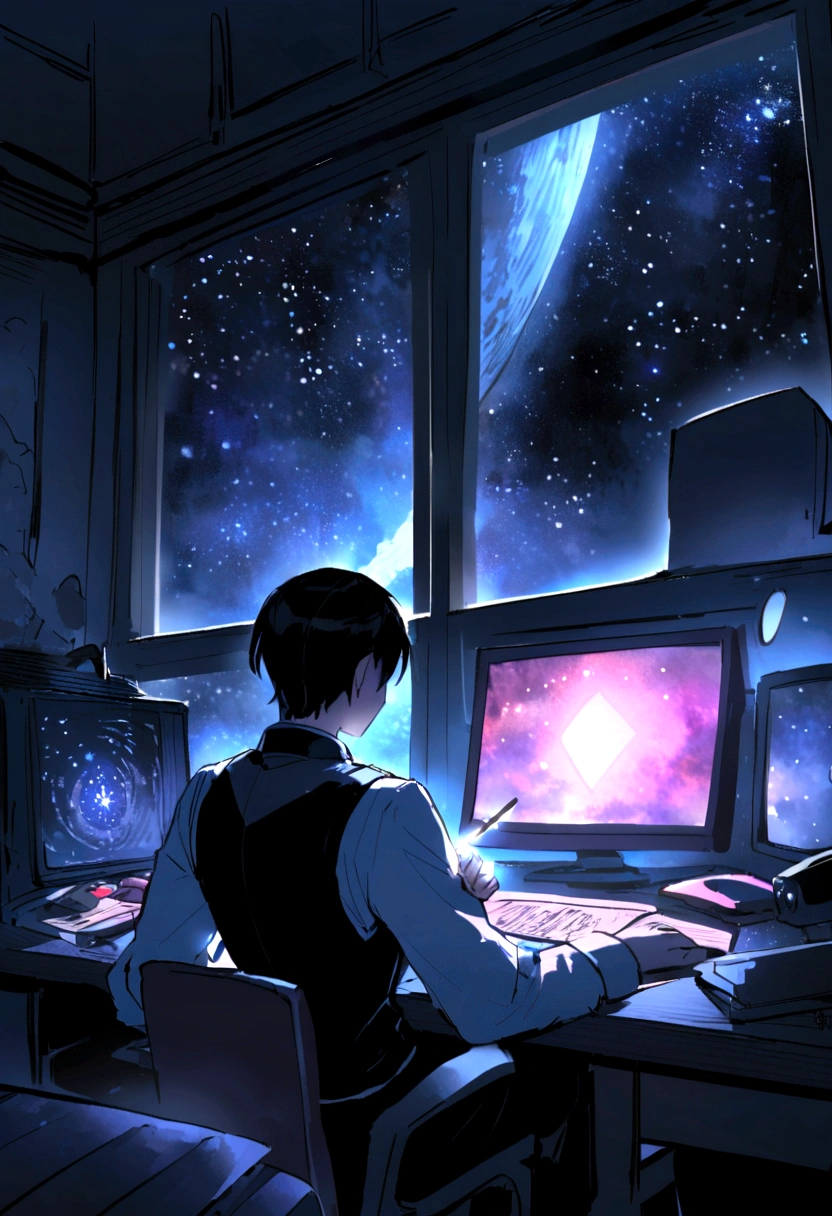 the night,Dim Room,Man in a black vest,Smoking a cigarette,Pen in hand,Two monitors on the table are glowing brightly,Drafts are on the walls and on the ground,The starry sky is outside the window。