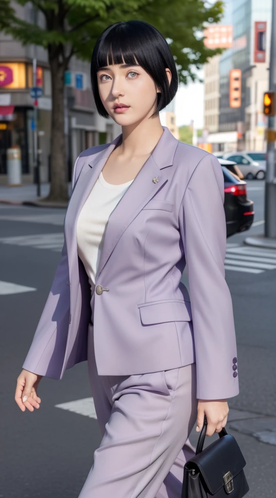 hinata from anime naruto, black hair, short hair, bangs, light purple eyes, wearing mascara, perfect body, perfect breasts, beautiful woman, very beautiful, wearing a light purple formal shirt, dapper dress, formal attire, wearing a white blazer, mauve pants, wearing handbag, wearing watch, wearing earrings, being in the city, roadside, public space, Realism, masterpiece, textured leather, super detailed, high detailed, high quality, best quality, 1080P, HD, 16k