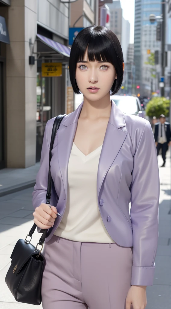 hinata from anime naruto, black hair, short hair, bangs, light purple eyes, wearing mascara, perfect body, perfect breasts, beautiful woman, very beautiful, wearing a light purple formal shirt, dapper dress, formal attire, wearing a white blazer, mauve pants, wearing handbag, wearing watch, wearing earrings, being in the city, roadside, public space, Realism, masterpiece, textured leather, super detailed, high detailed, high quality, best quality, 1080P, HD, 16k
