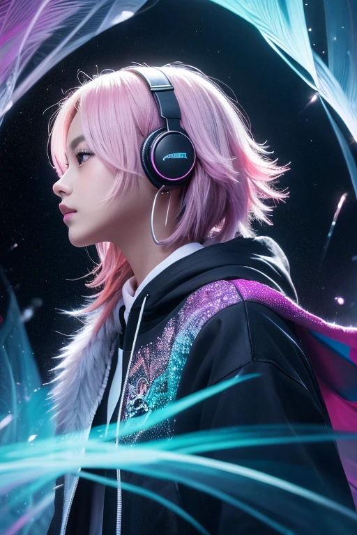 A beautiful boy with striking black eyes, light pink straight hair, glowing white skin, extremely detailed, fractal art elements, floral textures, dynamic pose, abstract background, glowing skin, many colors, earrings, feather, night scene, full of notes, decorative panel, abstract art background, side profile view

An adorable chipmunk with fluffy fur, silver blue outfit, hoodie, headphones, modern and inorganic background, bright lighting, vibrant colors, outside in the Many notes Korea idol