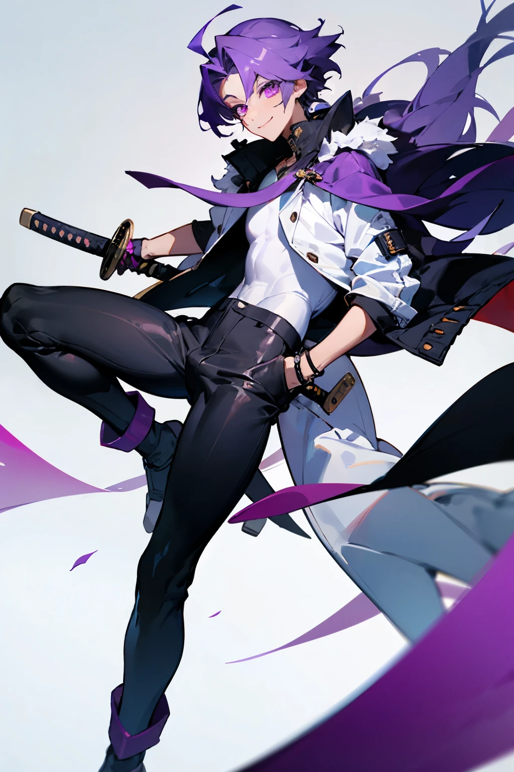 Young man, Male, with purple hair and purple eyes, wearing tight Black pants and a White top, with a jacket covering his shoulders. Holding a katana in one hand and a Weapon in the other, smilling, staring at the camera