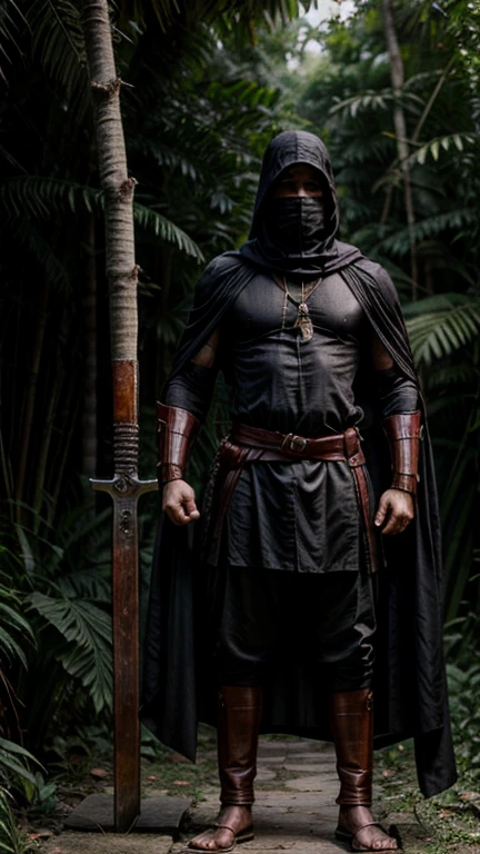 fullbody, Mughal Empire, hiding one's identity, black Cloak, muscle, strong, sword, in the jungle, black mask