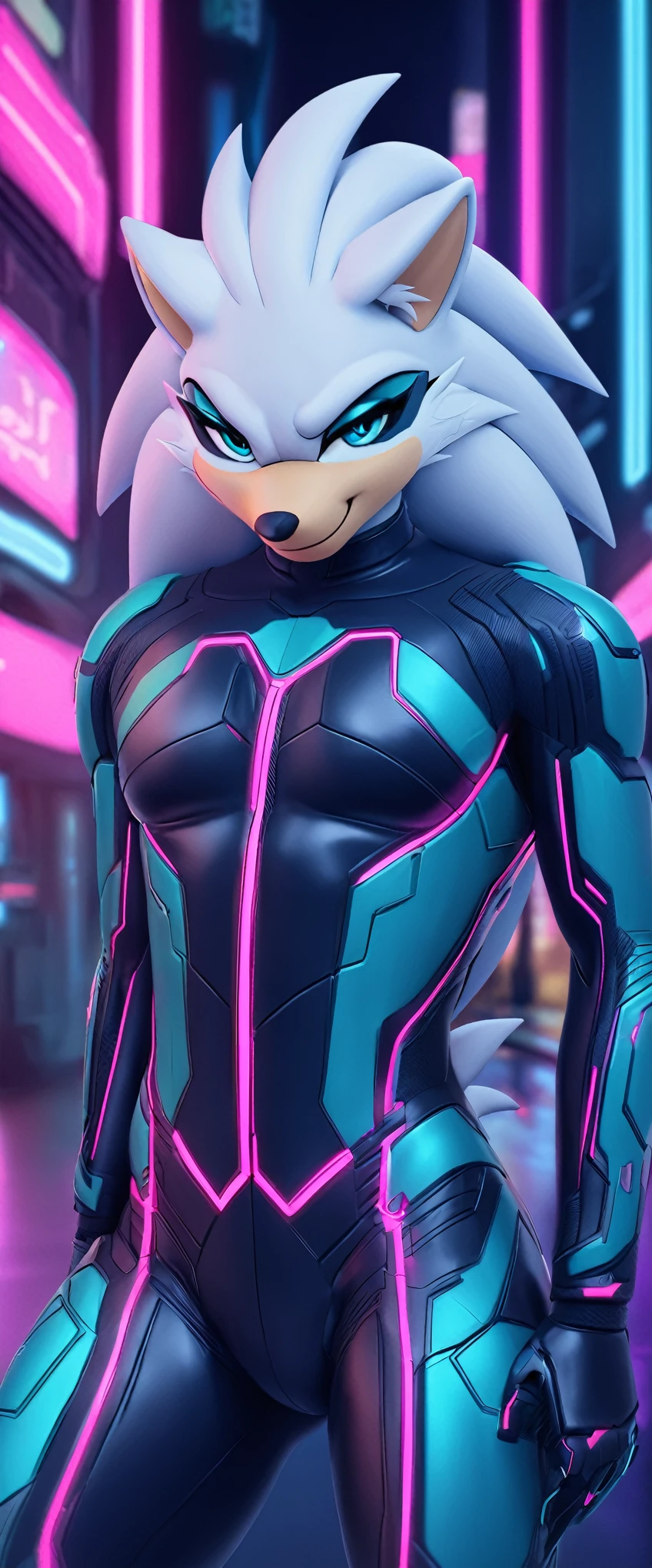 (((masterpiece:1.5, 4K, 8K))), a (((full body))) high quality digitally drawn rendered image ((by SEGA)) of A solo male anthro ((silver—white hedgehog)), with glowing blue eyes, ((metallic blue eyeliner:1.5)), (((tan muzzle))), wearing a (((sci-fi bodysuit))) stands in a neon-lit cyberpunk city The android's bodysuit is adorned with (((teal coloring:1.5))) with (((neon pink accents))), and intricate android seams, creating a futuristic look. the android has a seductive smirk on his face