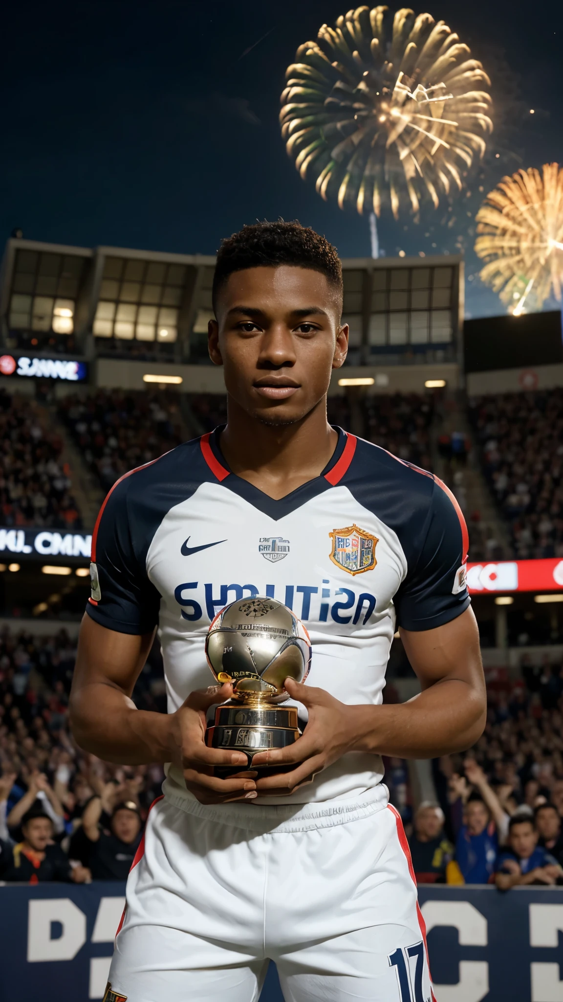 Create a photorealistic image celebrating the 'Top Scorer of the Championship'. The image should feature a very young football player around 17 years old, with dark skin, wearing a complete uniform, celebrating with a top scorer trophy, displaying pride and victory. The background should include festive elements such as fireworks, colorful banners, and the Santander LaLiga logo prominently. Include stylized text saying 'Top Scorer of the Championship' in large, eye-catching letters. The image should convey triumph and be visually appealing, with vibrant colors and precise details.