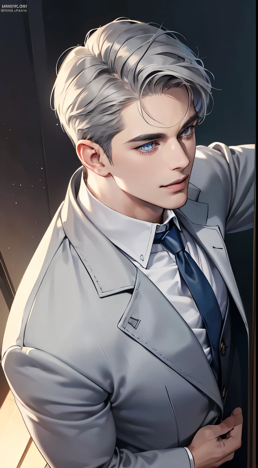 (best quality, masterpiece, 8K, photorealistic, cinematic lighting, 1:4 hdr image, top view, ultra detailed, beautiful image), a mature man, very handsome, smile in love, short grey hair, blue eyes, perfect face without errors , ((buttoning his jacket, CEO))