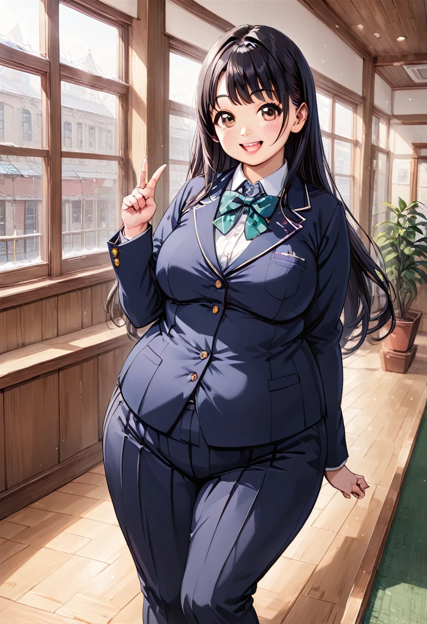 Anime, anime school girl, anime , detailed illustration, dynamic angle, ultra-detailed, illustration, 1girl, 18 year old, Asian American woman, obese and thicc, plumper, silk waist-long dark hair , big round firm belly, round perky breasts, soft smile, picture of a young woman, 18 year old in a high , happy, smiling, fertile, breedable, BBW, young woman