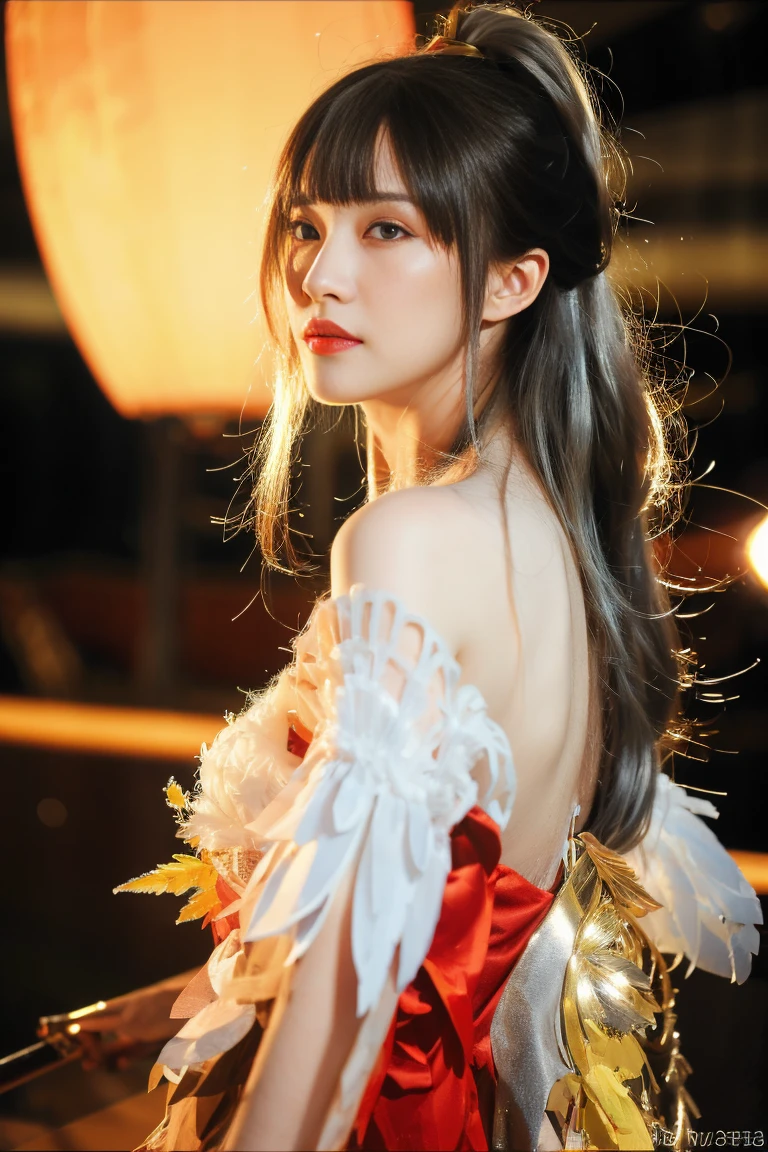 ulzzang-6500-v1.1,(raw photo:1.2),((photorealistic:1.4))best quality ,masterpiece, illustration, an extremely delicate and beautiful, extremely detailed ,CG ,unity ,8k wallpaper, finely detail, best quality,extremely detailed CG unity 8k wallpaper,absurdres, incredibly absurdres, huge filesize, ultra-detailed, highres, extremely detailed,beautiful detailed girl, extremely detailed eyes and face, beautiful detailed eyes,light on face,cinematic lighting, ,1girl, mature female, night, cityscape, looking at viewer, dress, hair bun,low ponytail, long hair,hair ribbon, cowboy shot, hair ornament, silver hair, (looking at viwer:1.7),