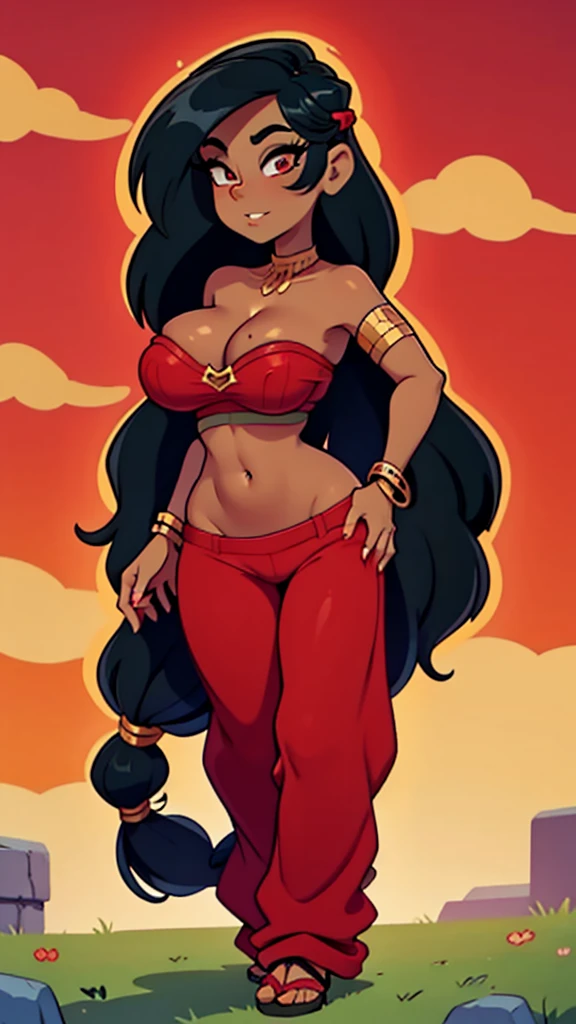 a sexy woman big breast long black hair wavy braids wears red belly bra and long red pants Arabia happy