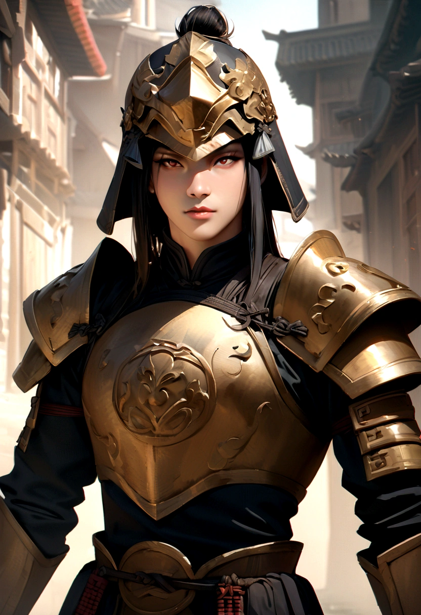 25 year old Chinese man,,realistic,chinese_Armor,alone,Background of ancient chinese cities,detailed_eye,shoulder_Armor,helmet,(검은 eye),looking at viewer,(masterpiece:1.2), (best quality:1.2), perfect eye, perfect face, perfect lighting, (8K),(complete anatomy), Nee Shot
