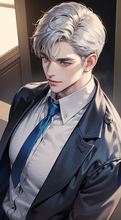 (best quality, masterpiece, 8K, photorealistic, cinematic lighting, 1:4 hdr image, top view, ultra detailed, beautiful image), a mature man, very handsome, smile in love, short grey hair, blue eyes, perfect face without errors , ((buttoning his jacket, CEO))