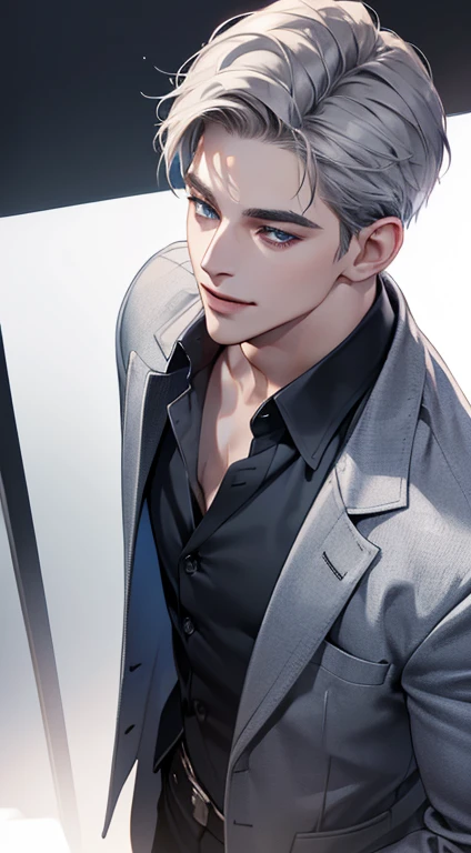 (best quality, masterpiece, 8K, photorealistic, cinematic lighting, 1:4 hdr image, top view, ultra detailed, beautiful image), a mature man, very handsome, smile in love, short grey hair, blue eyes, perfect face without errors , ((buttoning his jacket, CEO))