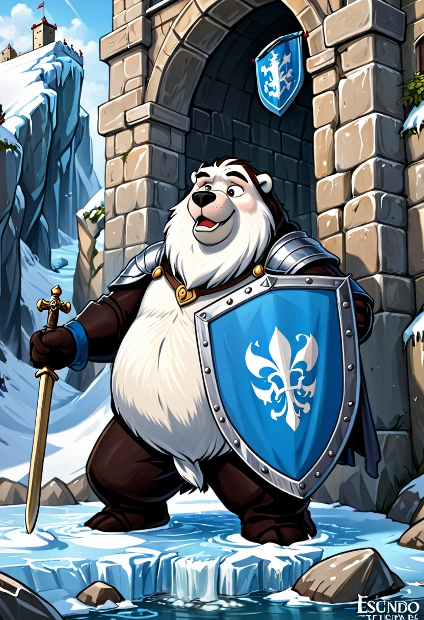 um grande urso polar furioso segurando um grande escudo sentado em uma pedra de gelo rugindo, escudo azul, Digital illustration, ambiente medieval, cartoon, High definition, detalhes