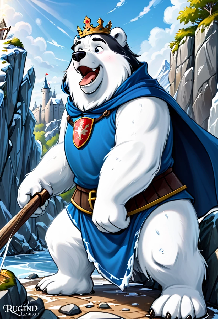 um grande urso polar furioso segurando um grande escudo sentado em uma pedra de gelo rugindo, escudo azul, Digital illustration, ambiente medieval, cartoon, High definition, detalhes