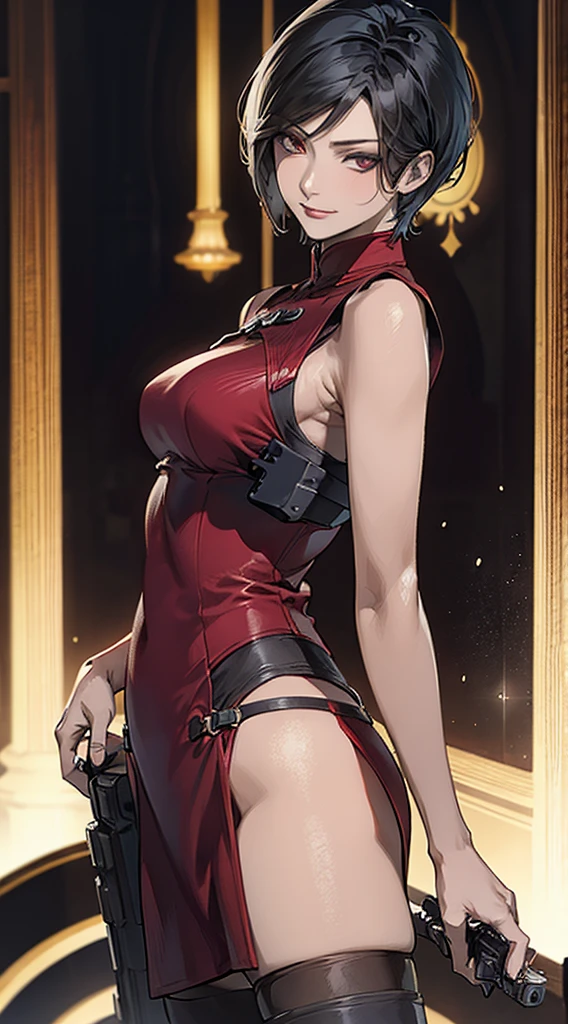 model at middle positions ,1 rapariga, solo, Ada Wong in Resident Evil 4 Remake, short detailed hair, brunette color hair, Red cheongsam, Short-sleeved shirt, Nero, nedium breasts, upper limbs, hindquarters, Black heels, Adriana's face, Find your audience, sly smile, A pistol was hung on her waist, best qualtiy, hight resolution:1.2, 18th century village in the background, Shadowing, Nightmare, rays of moonlight, Upper body photography, Low camera angle、depth of fields、center focused