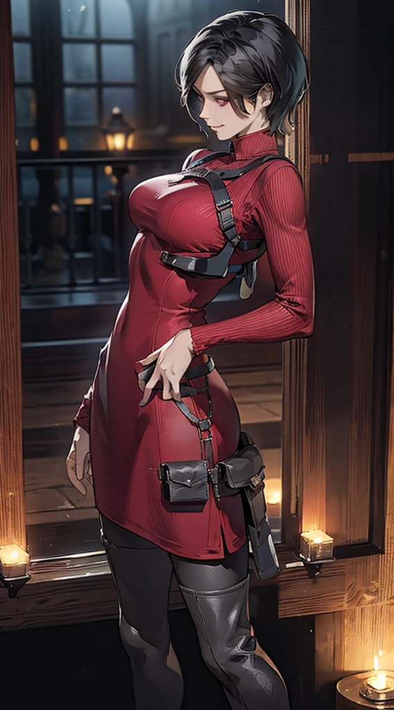 model at middle positions ,1 rapariga, solo, Ada Wong in Resident Evil 4 Remake, short detailed hair, brunette color hair, Red cheongsam, Short-sleeved shirt, Nero, nedium breasts, upper limbs, hindquarters, Black heels, Adriana's face, Find your audience, sly smile, A pistol was hung on her waist, best qualtiy, hight resolution:1.2, 18th century village in the background, Shadowing, Nightmare, rays of moonlight, Upper body photography, Low camera angle、depth of fields、center focused