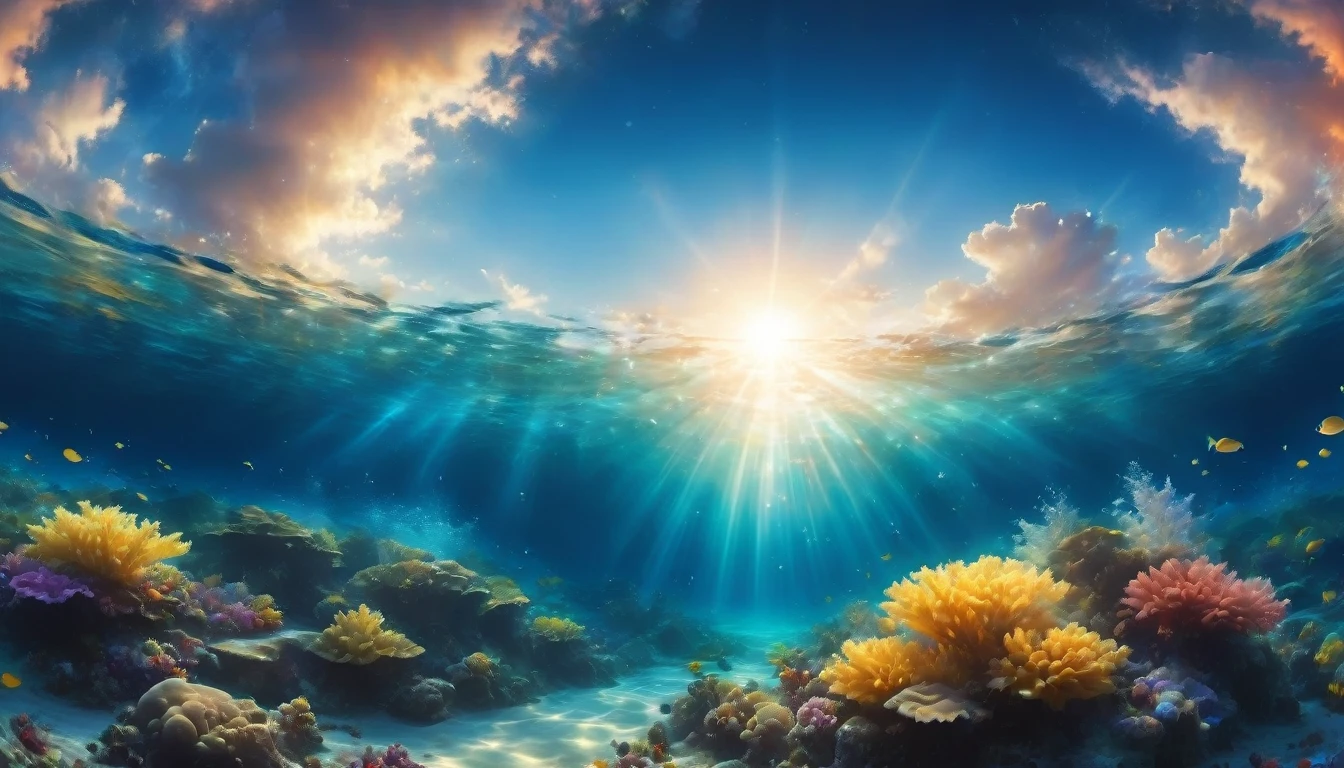 (Underwater: 1.9), ocean, fast water flow, transparent, colorful coral reef, school of tropical fish, light, bubble, seaweed, (shallow sea: 1.4), sunlight, fantasy, ocean floor, floating, best quality, masterpiece, clouds, colorful, blue sky,
Create a digital illustration of landscape, scenery, underwater, with clear and delicate lines. Low-fi, the morning sun's light reaching into the water, the scene is cozy and warm with beautiful light. The lighting should be soft and golden like colorful flowers, and the art style should be detailed like fantasy art with accurate depiction of delicate and fine lines. The overall look should be clear and dreamy atmosphere. Focus on a magical and enchanting environment. No land part is required, only underwater. People are not allowed, no people in the photo.