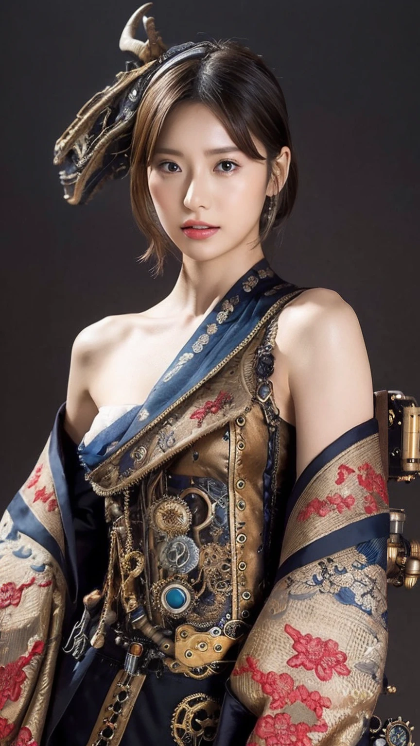 (masterpiece:1.2), Super detailed, Ultra-high resolution, (Realistic, photo Realistic:1.37), High-definition RAW color photos, Professional photos, Very delicate and beautiful, Very detailed, 8k wallpaper, wonderful, In detail, Large file size, Very detailed beautiful girl, Very detailed face, Very detailed eyes, Very detailed skin, Very detailed fingers, Very detailed nose, Very detailed mouth, Perfect Anatomy, Very detailed背景, (Famous Japanese actresses:1.2), Blonde, Short Hair, (Improve:1.3), Dynamic Lighting, (steampunk:1.45), whole body, (Kimono with dragon embroidery:1.3), Dynamic pose, Black background, Bare shoulders,