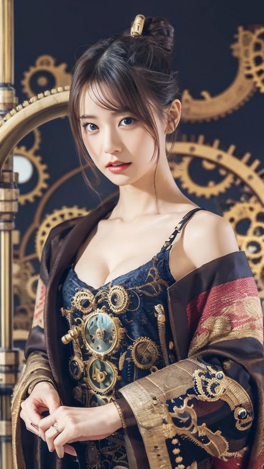 (masterpiece:1.2), Super detailed, Ultra-high resolution, (Realistic, photo Realistic:1.37), High-definition RAW color photos, Professional photos, Very delicate and beautiful, Very detailed, 8k wallpaper, wonderful, In detail, Large file size, Very detailed beautiful girl, Very detailed face, Very detailed eyes, Very detailed skin, Very detailed fingers, Very detailed nose, Very detailed mouth, Perfect Anatomy, Very detailed背景, (Famous Japanese actresses:1.2), Blonde, Short Hair, (Improve:1.3), Dynamic Lighting, (steampunk:1.45), whole body, (Kimono with dragon embroidery:1.3), Dynamic pose, Black background, Bare shoulders,
